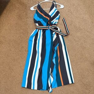 LOFT Blue and Orange Striped Midi Dress